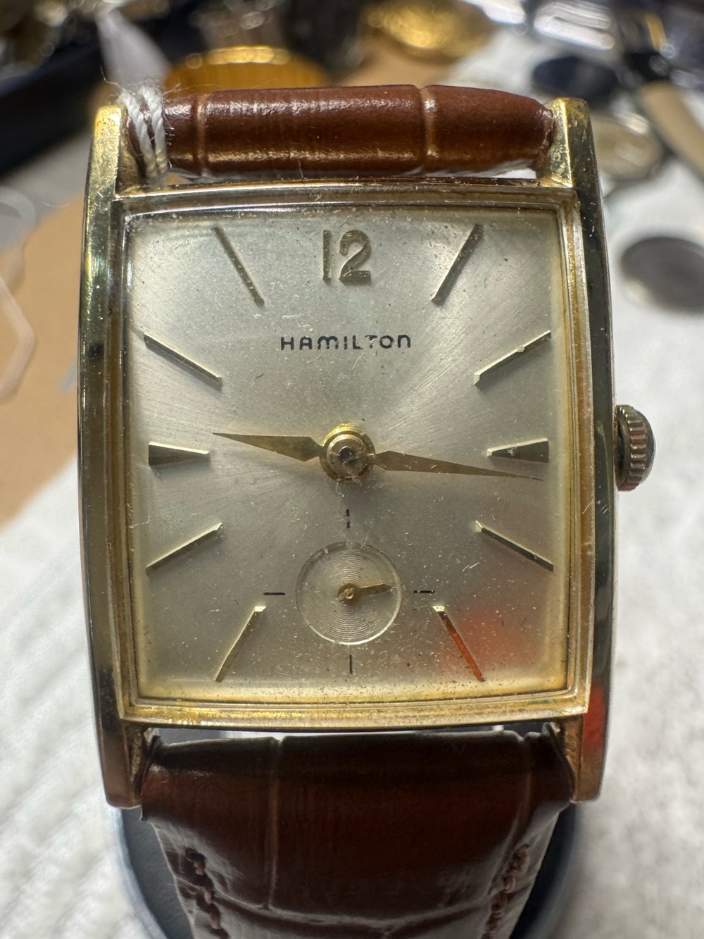 Hamilton Gold-Tone Rectangular Watch with Brown Leather Strap